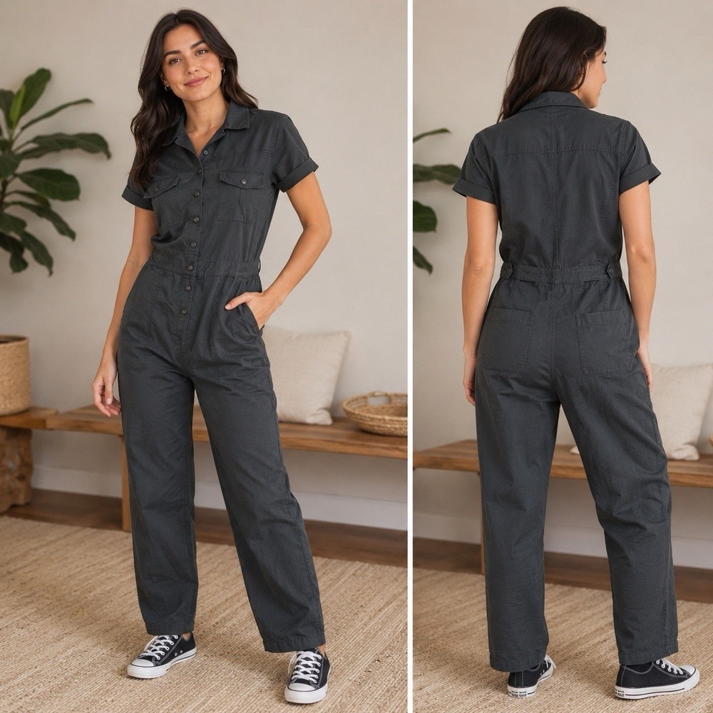 Quince Women's Large Dark Gray Cotton Linen Twill Coverall Jumpsuit Short Sleeve